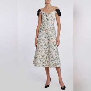 Markarian Dawn Off White Vine Ikat Off-the-Shoulder Bow Midi Dress